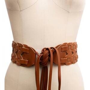 NEW LETO women's wide woven vegan leather belt in camel